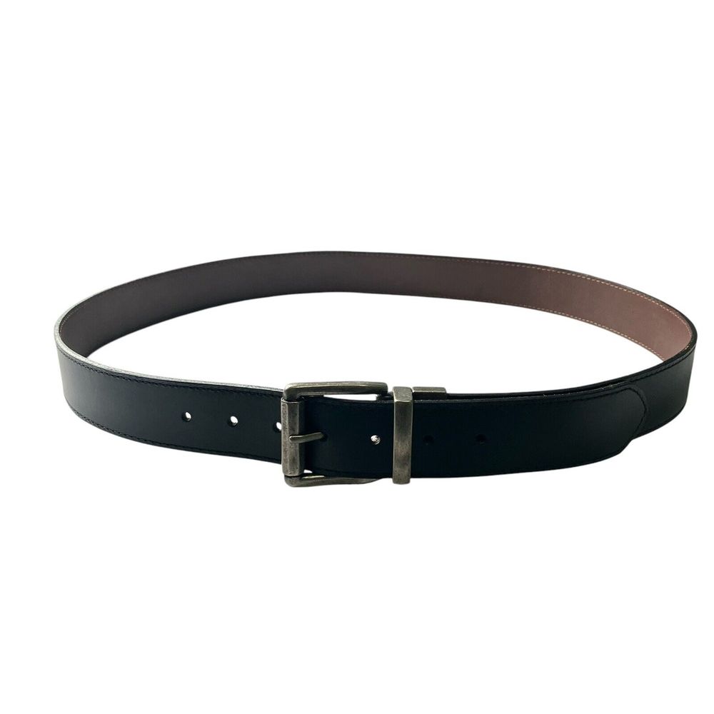 Black And Brown Reversible Genuine Leather Belt Mens Size M Silver Tone Buckle
